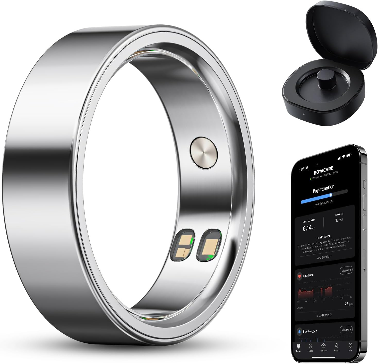 BOYACARE - Smart Ring Health Tracker with Sleep Heart Rate Stress Fitness Blood Oxygen Vibration Alerts / No Subscription - Silver - (2026) | Best Buy U.S.