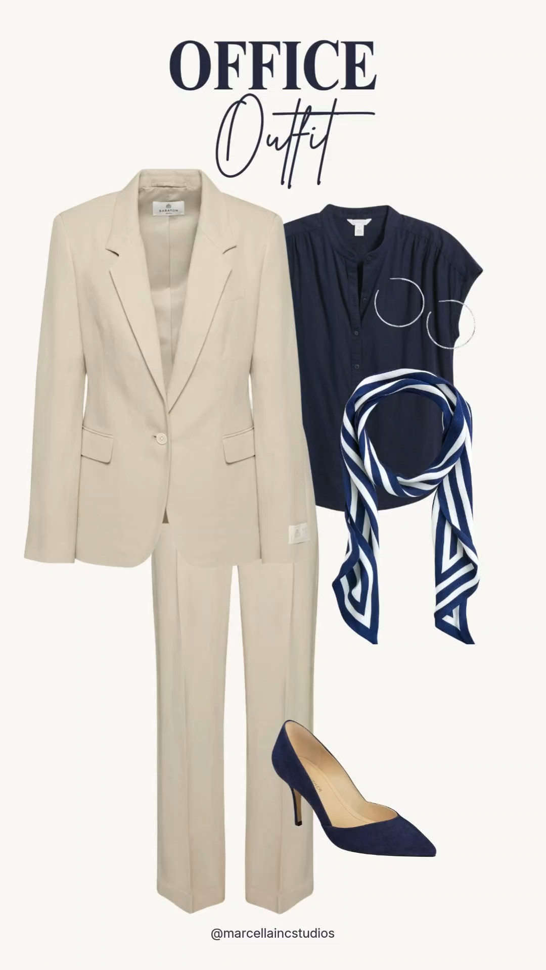 Minimalist, chic office outfit. Tan and navy are the perfect combination for summer with a headscarf if you are feeling bold. Add silver (hoops) jewelry to complete the look. #workoutfit #officeoutfit #workwear #summeroutfit #ltkstyleti[

#LTKootd #LTKOver40 #LTKWorkwear