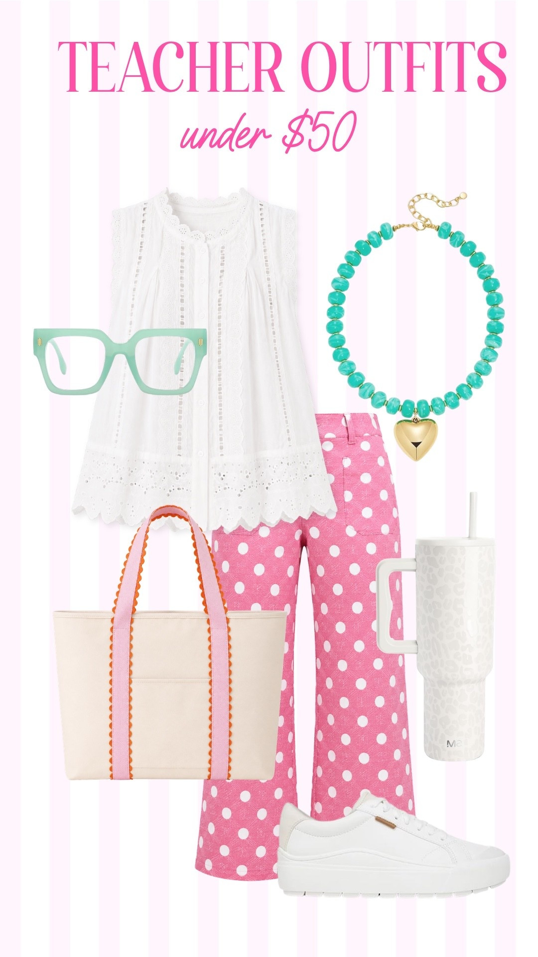 Affordable teacher outfit ideas under $50 featuring pink polka dot pants, a white eyelet blouse, comfortable sneakers, colorful jewelry and a roomy teacher tote. A fun back to school look that’s cute and comfortable for the classroom!

#LTKSeasonal #LTKWorkwear #LTKootd