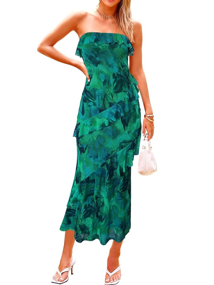 Women’s Strapless Tube Maxi Dress Summer Sleeveless Mesh Ruffle Cocktail Party Long Dresses | Amazon (US)