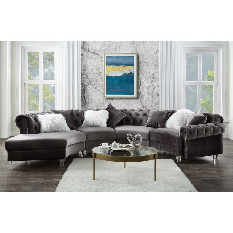 Acme Furniture Ninagold Sectional Sofa with 7 Pillows in Gray Velvet | Walmart (US)