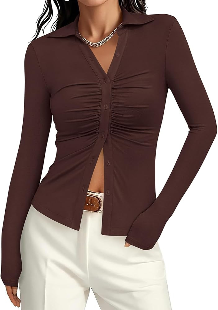 PRETTYGARDEN Womens Button Down Shirts V Neck Collared Ruched Slim Fit Long Sleeve Shirt Casual F... | Amazon (US)