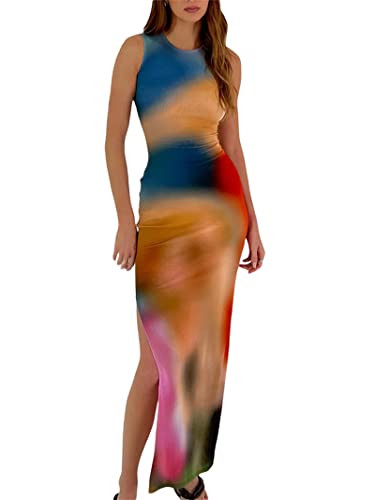 Women's Casual Tie-Dye Bodycon Maxi Dress Sleeveless Tank Wrap Split Beach Party Long Dresses | Amazon (US)