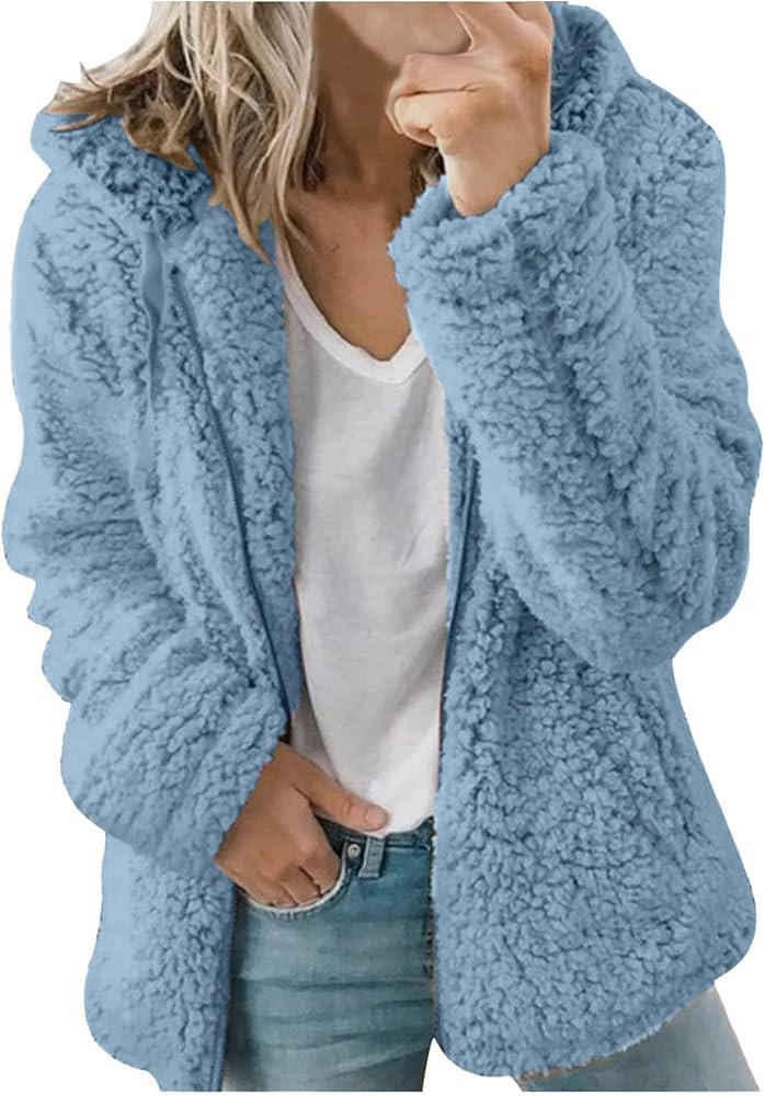 Cbcbtwo Women's Fuzzy Fleece Jacket Oversized Sherpa Fur Coat with Hood Winter Warm Shaggy Teddy ... | Amazon (US)