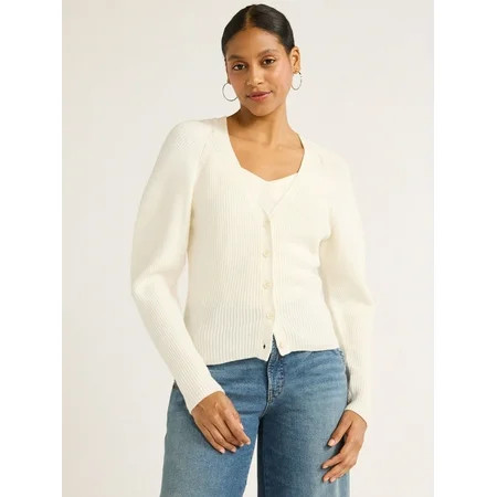 Scoop Women's Puff Sleeve Cardigan Sweater, Lightweight, Sizes XS-XXL | Walmart (US)