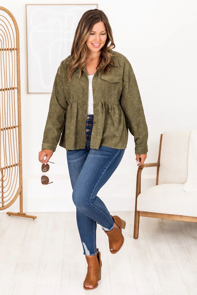 Keep The Class Olive Corded Peplum Hem Shacket | Pink Lily