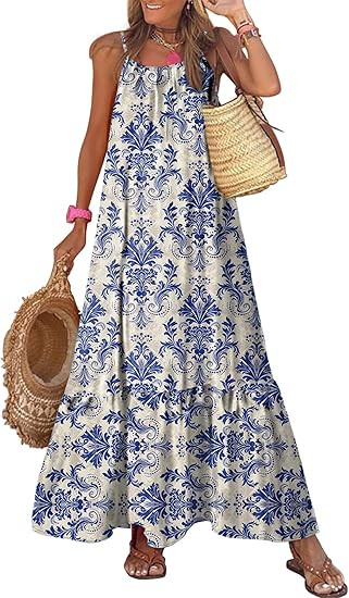 Dokotoo Women Summer Dresses 2025 Spaghetti Strap Scoop Neck Smocked Ruffle Flowy Boho Maxi Dress | Amazon (US)