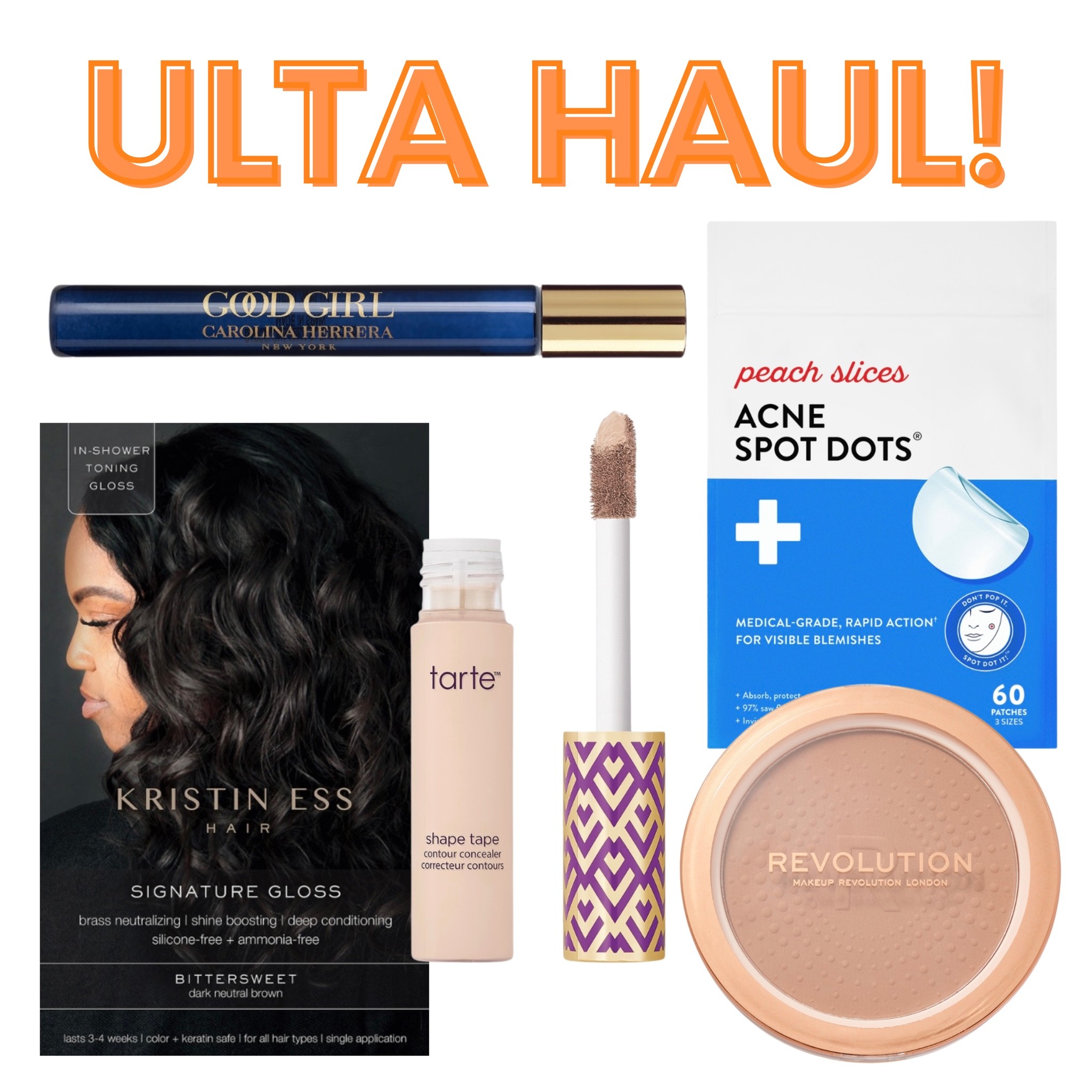 My Ulta Beauty haul from this weekend! Kristen Ess hair gloss in shade bittersweet, Carolina Herrera Good Girl Eau de Perfume in rollerball travel size, tarte shape tap full coverage concealer in shade light, peach slices acne pimple patches 60 count dots, and makeup revolution mega powder bronzer in shade cool! 

#LTKunder50 #LTKstyletip #LTKbeauty