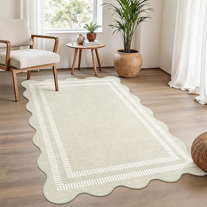 Washable 3x5 Indoor Entryway Rug, Neutral Beige Soft Non Slip Rugs Stain Resistant Scalloped Carp... | Amazon (US)