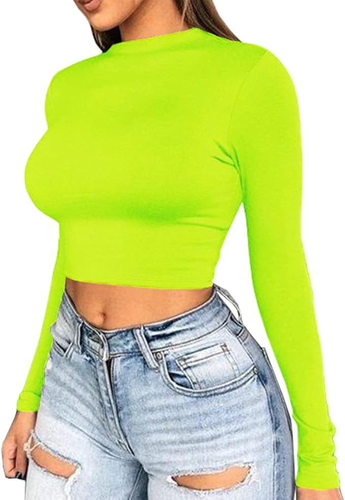 Artfish Women Long Sleeve Stretchy Crop Top Sexy Slim Fitted Fleece Lined Cropped Shirts | Amazon (US)