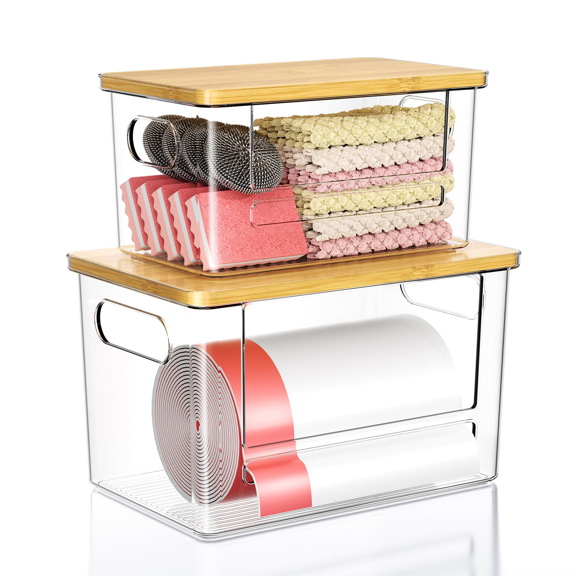 Amazon.com: Trash Bag Dispenser 2 Pack, Acrylic Garbage Bags Dispenser with Bamboo Top, Extra Large Trash Bag Holder Dispensers Under Sink for Kitchen, Cabinet, Laundry Room, Pantry Organizer and Storage : Home & Kitchen | Amazon (US)