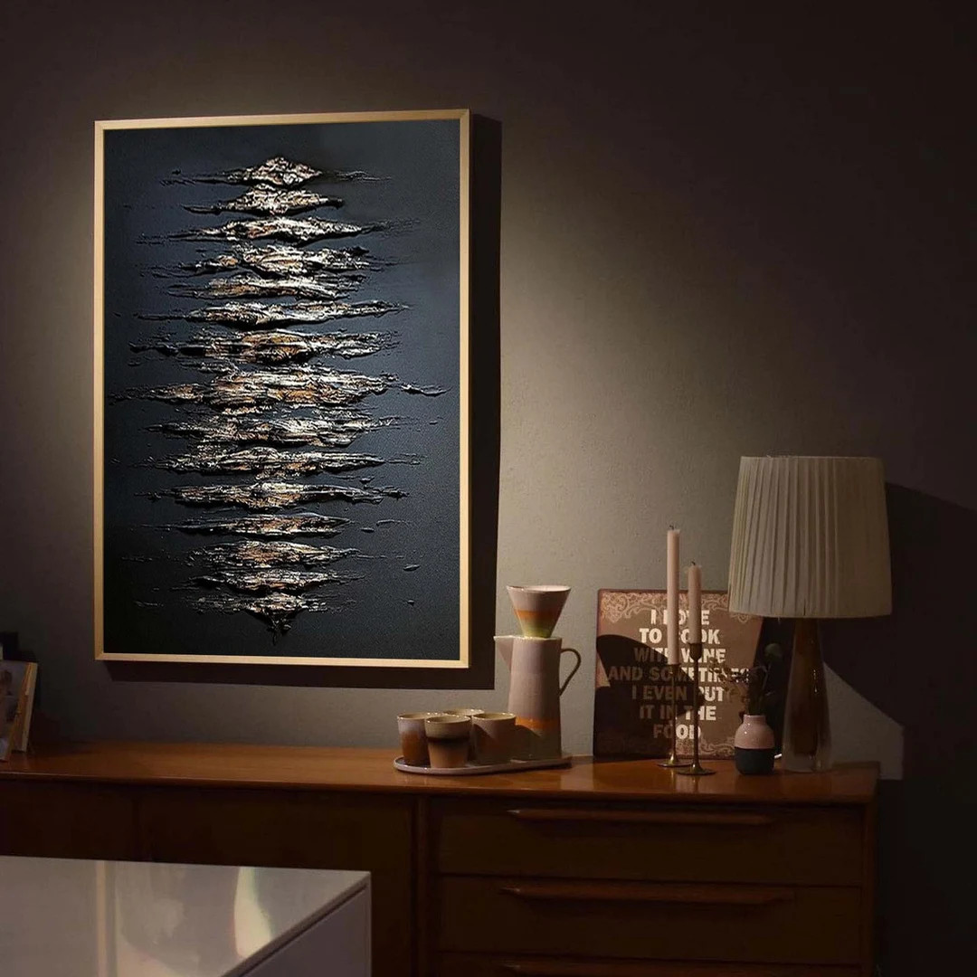 Black Abstract Painting Gold Abstract Art Gold Leaf 3d Textured Wall Art Black Minimalist Canvas ... | Etsy (US)