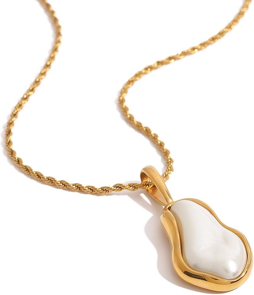 Dainty Gold Pearl Pendant Necklaces for Women Big Baroque Pearl Necklace Simple Statement Necklac... | Amazon (US)