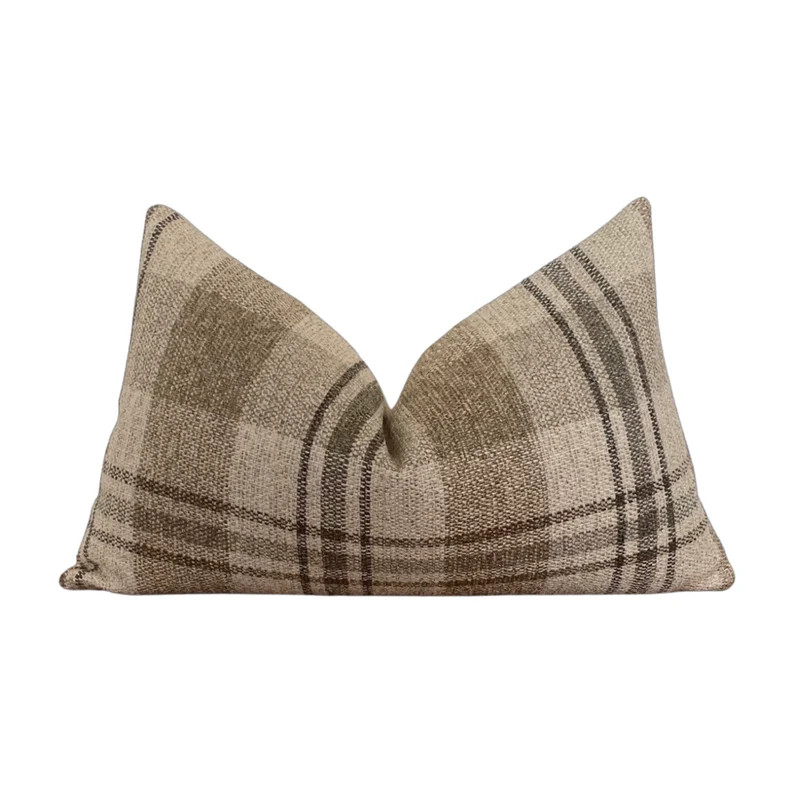 Long Lumbar Beige Gold Gray Plaid Check Throw Pillow Cover - Etsy | Etsy (US)