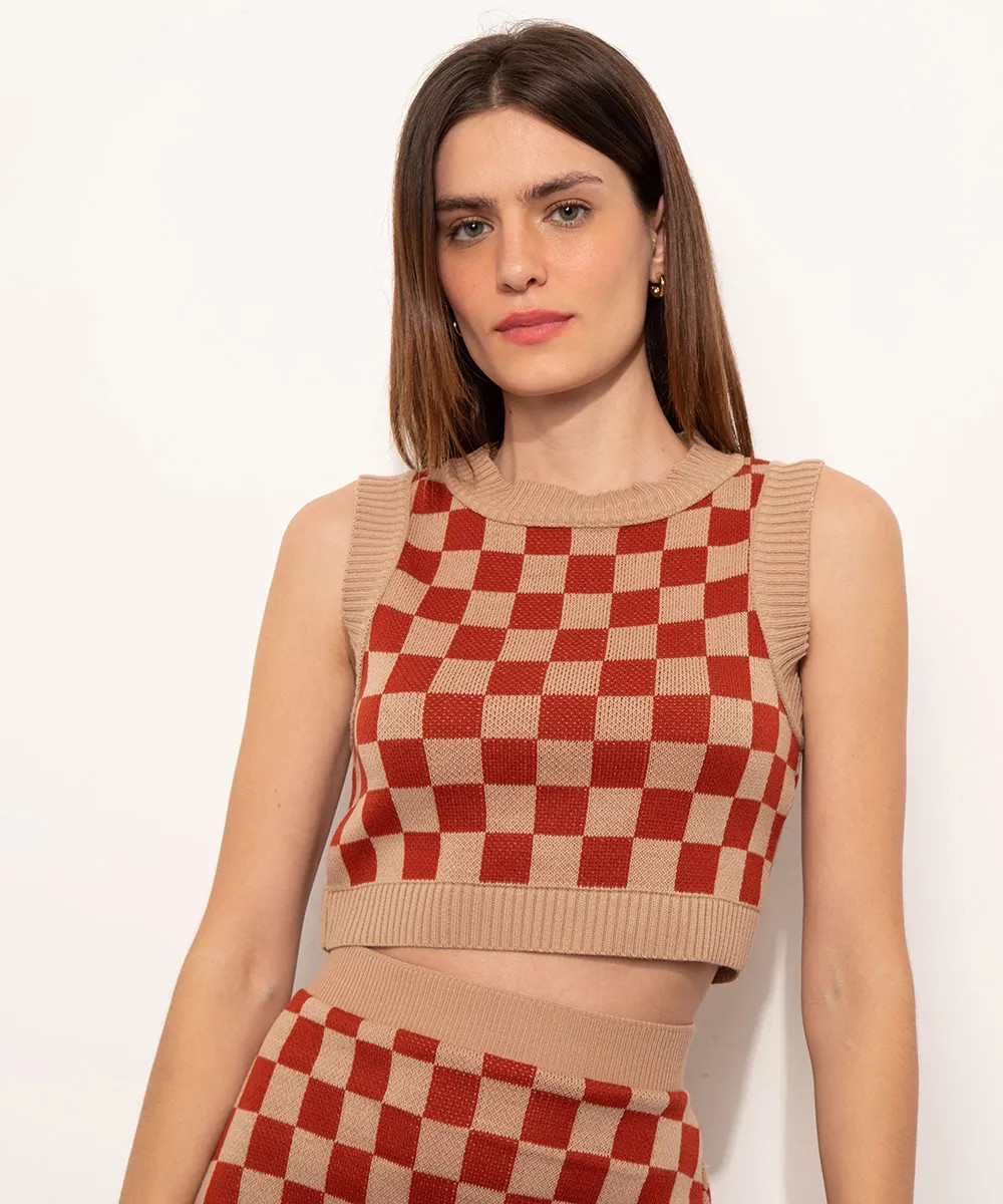 Regata Cropped de Tricô Estampada Quadriculada Mindset marrom | C&A (BR)