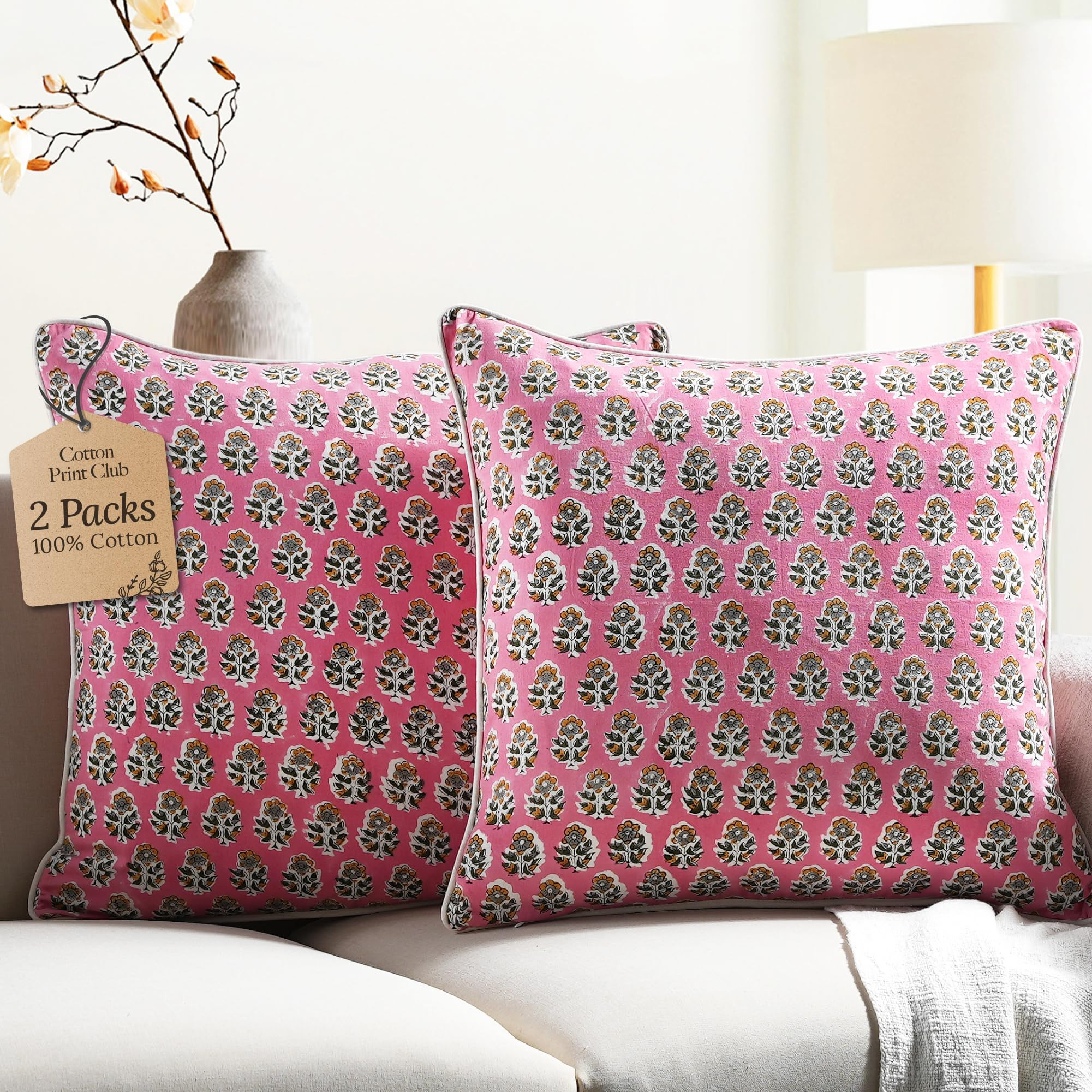 CPC 100% Cotton Throw Pillow Covers 20x20 Inch, Set of 2 Green Block Print Pattern Couch Pillow, ... | Amazon (US)