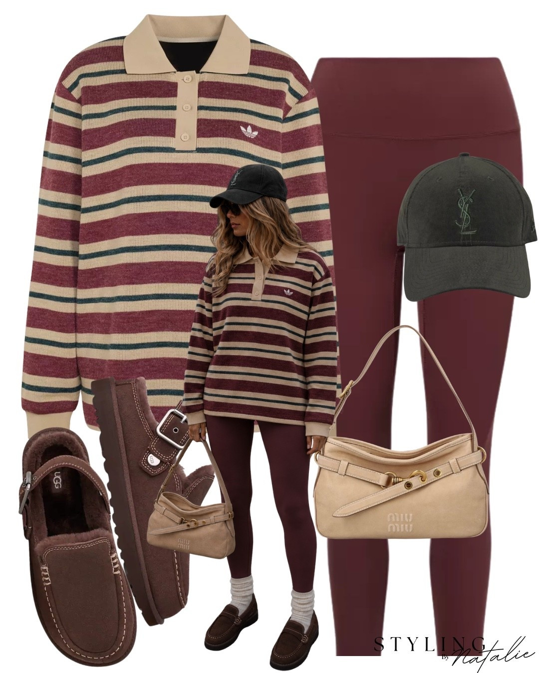 Adidas Originals stripe collared polo top with long sleeves, leggings, Ugg Evelina clogs, Miu Miu bag and green YSL cap. 
Cool girl style, street wear, city style, everyday, fall fashion, transitional, casual wear, autumn outfit, late summer style, trending style, athleisure style. @adidas

#LTKuk #LTKautumn #LTKeurope