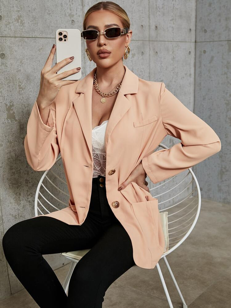 Lapel Neck Pocket Patched Blazer | SHEIN