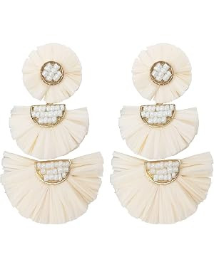 Statement Earrings Beaded Raffia Palm Bohemian Drop Dangle Earrings for women | Amazon (US)