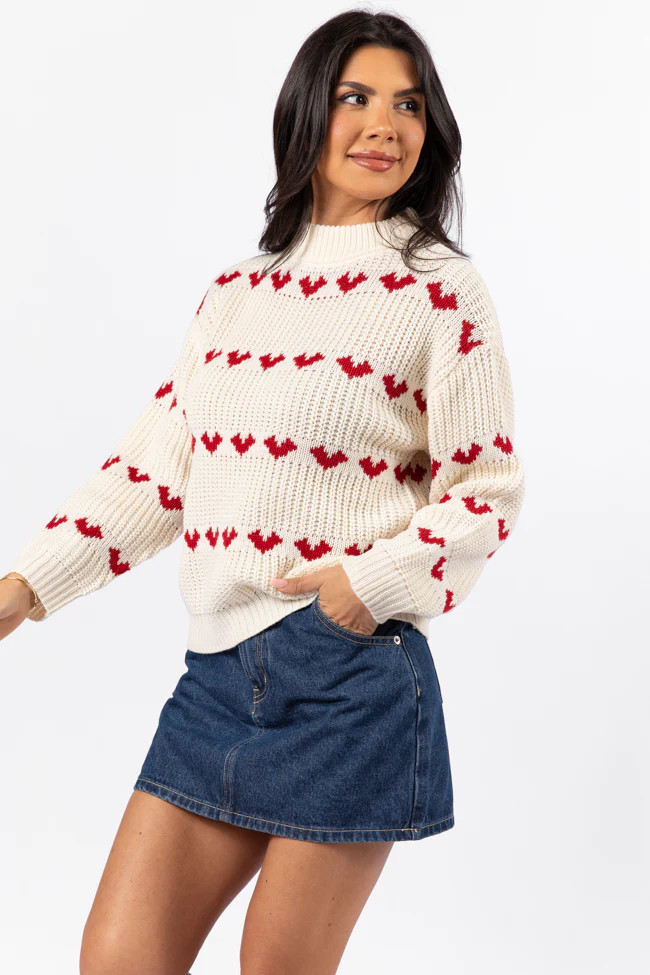 Familiar Feelings Cream and Red Heart Print Mock Neck Sweater | Pink Lily
