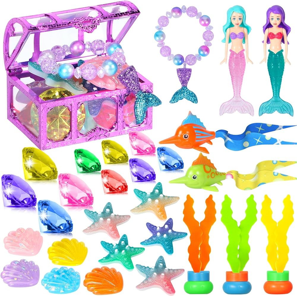 VGOFUN Diving Pool Toys for Kids Ages 3-12, 31 Pcs Mermaid Pool Toys, Diving Gem Toys with Pirate... | Amazon (US)