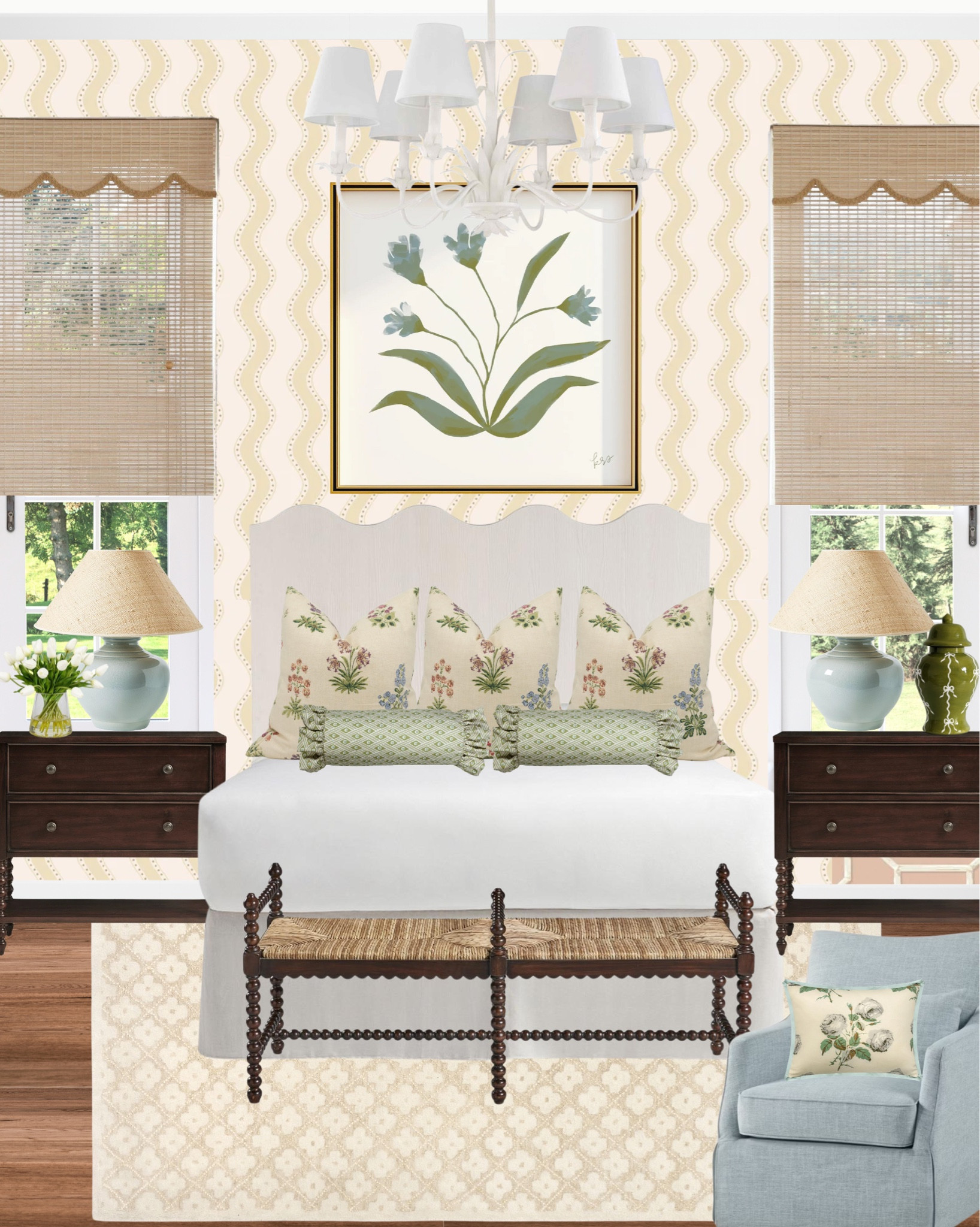Nancy Meyers meets grandmillennial style.
Soft scallops, florals, spindle details — this Southern-inspired bedroom is full of classic charm and cozy textures.

Wallpaper is: https://sandbergwallpaper.com/erik-yellow

#GrandmillennialHome #CottagecoreDecor #TraditionalWithATwist #NancyMeyersVibes #ScallopTrend #InteriorDesignTok #SouthernStyleHome #LTKFinds

#LTKHome #LTKSaleAlert
