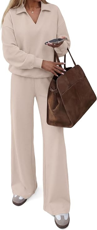 PRETTYGARDEN Womens Sweatsuits 2 Piece Outfits Matching Sets | Wide Leg Sweatpants & Polo V Neck ... | Amazon (US)