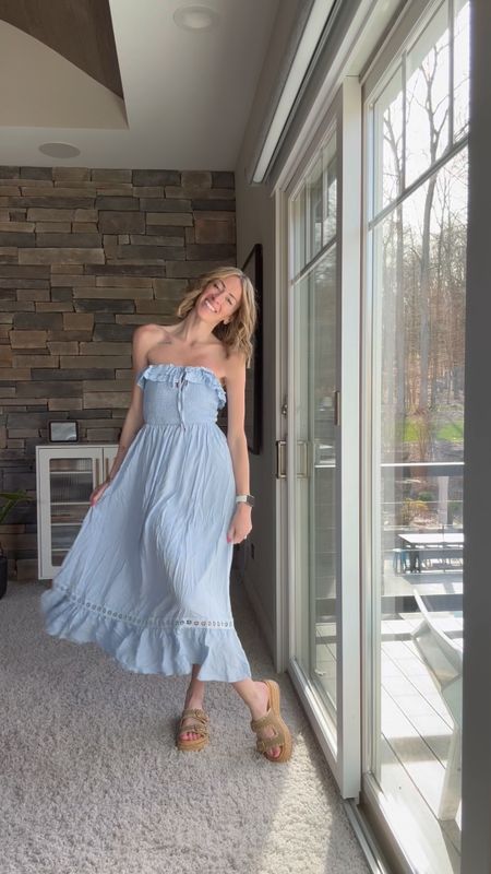 Blue dress for summer and spring events and parties strapless smocked dress Amazon fashion and platform sandals 