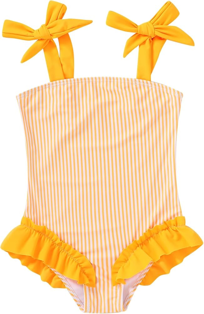 Happy Town Toddler Swimsuit Girl Solid Color Stripe One-Piece Baby Bathing Suits | Amazon (US)