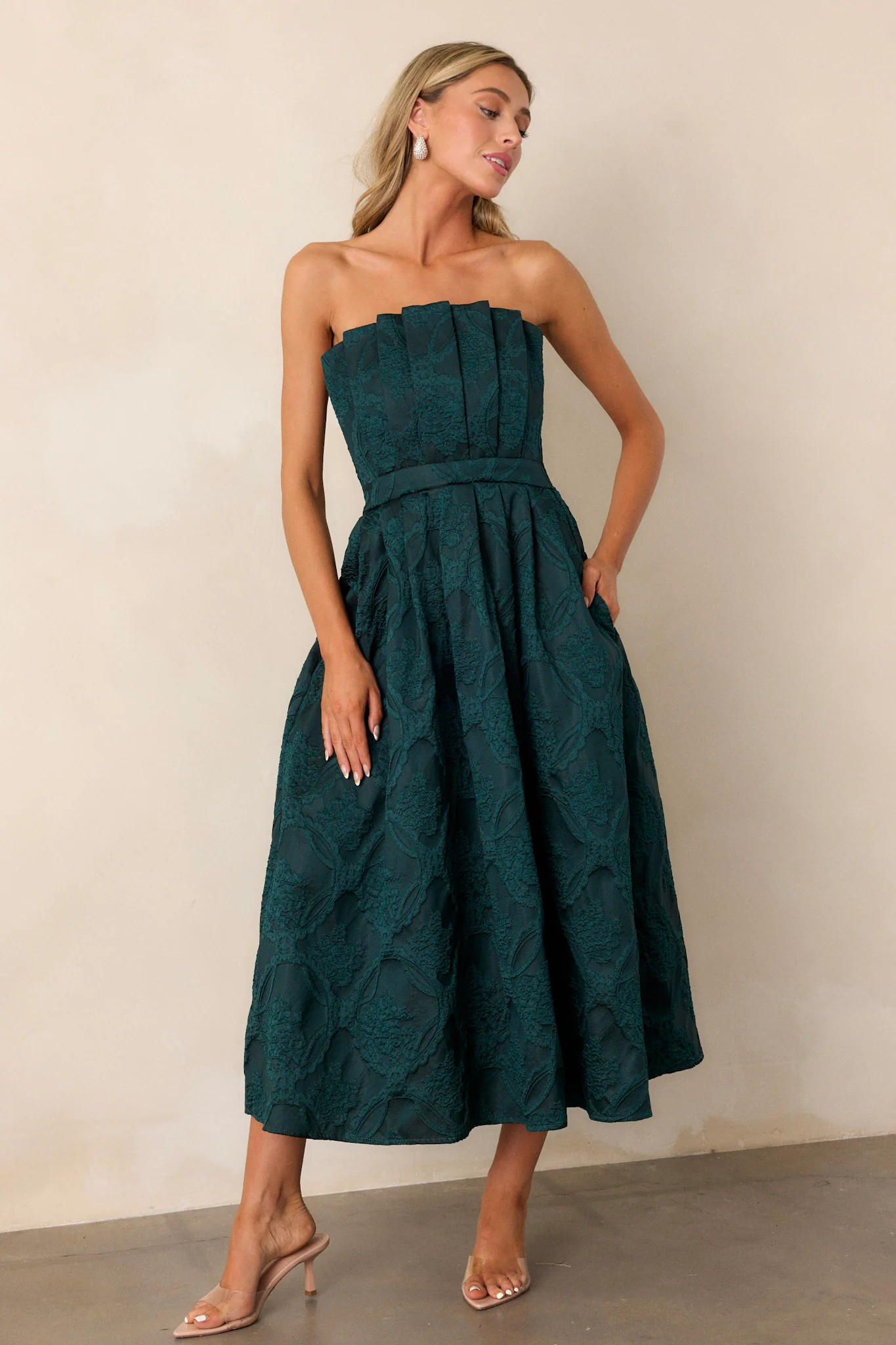 The Genevieve Hunter Green Floral Jacquard Strapless Midi Dress | Red Dress