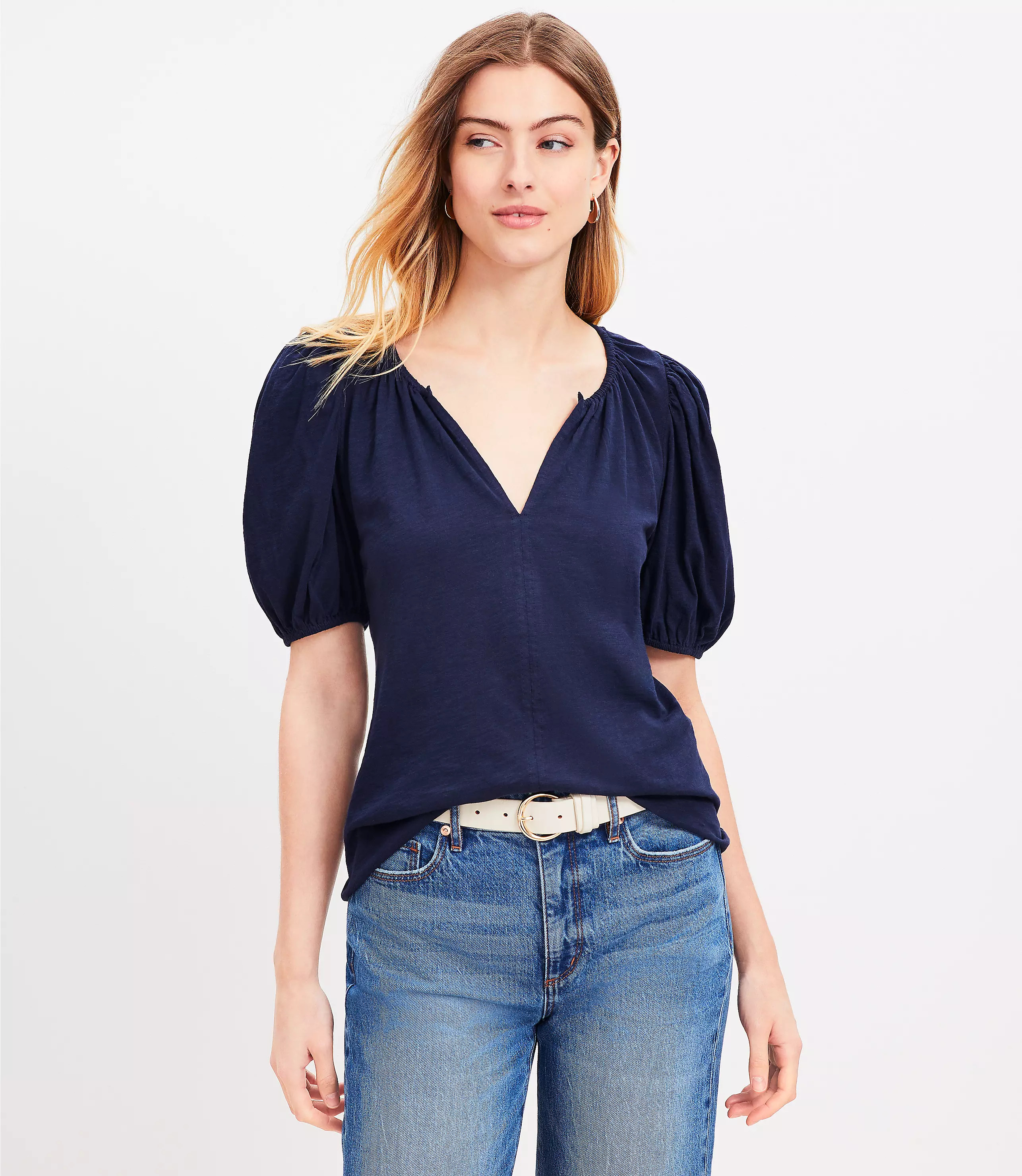 Puff Sleeve Split Neck Top | LOFT