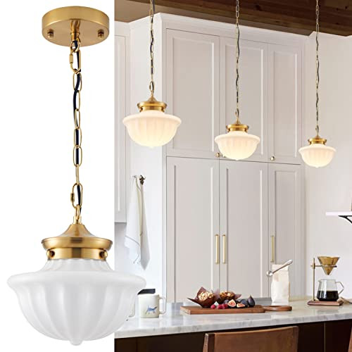 Schoolhouse Pendant Fixtures, 9" Brass Gold Milk Glass Pendant Light, Adjustable Mid Century Ceil... | Amazon (US)