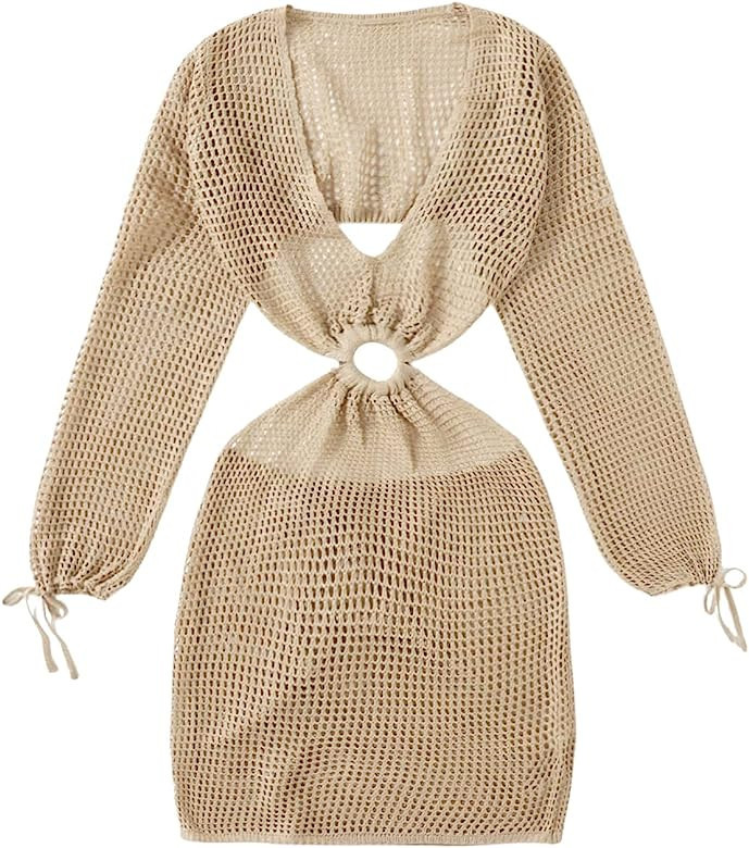 MakeMeChic Women's Crochet Cover Up Long Sleeve Knitted Swim Beach Cover Up Dress Swimwear | Amazon (US)