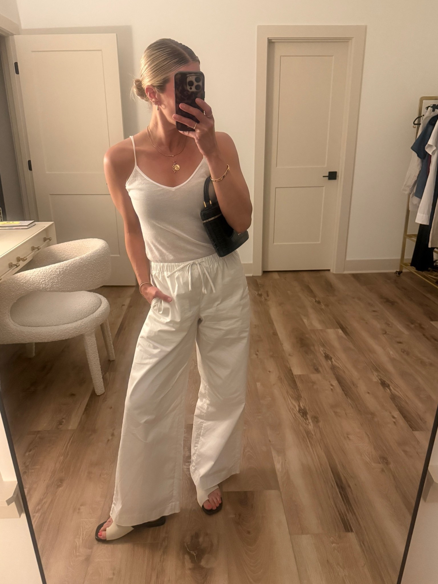 Wearing small chino pants, xs tank, sandals tts, bra tts