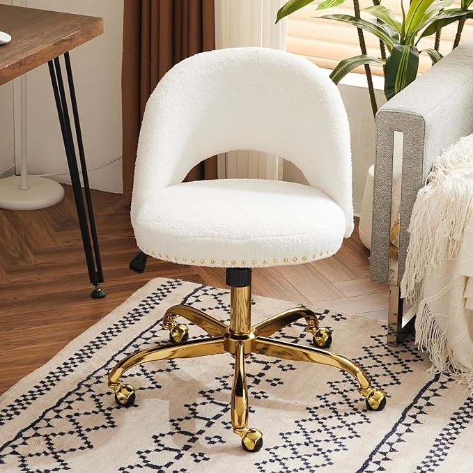 VINGLI Modern Teddy Fluffy Small Office Chair,Cute Desk Chair with Wheels,Gold Base/Studs, Comfy ... | Amazon (US)