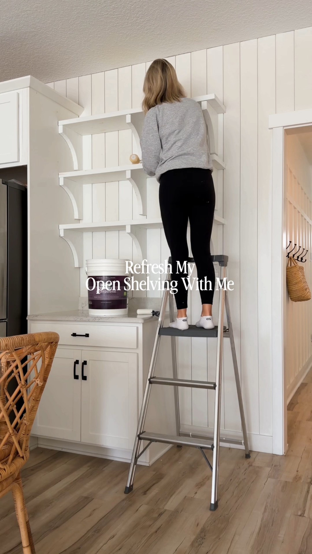 Paint color is Chantilly lace by Benjamin Moore but I had it mixed up at Home Depot (they have the color on file) We built our shelves my dad cut out the corbels. 

#LTKvlog #LTKHome