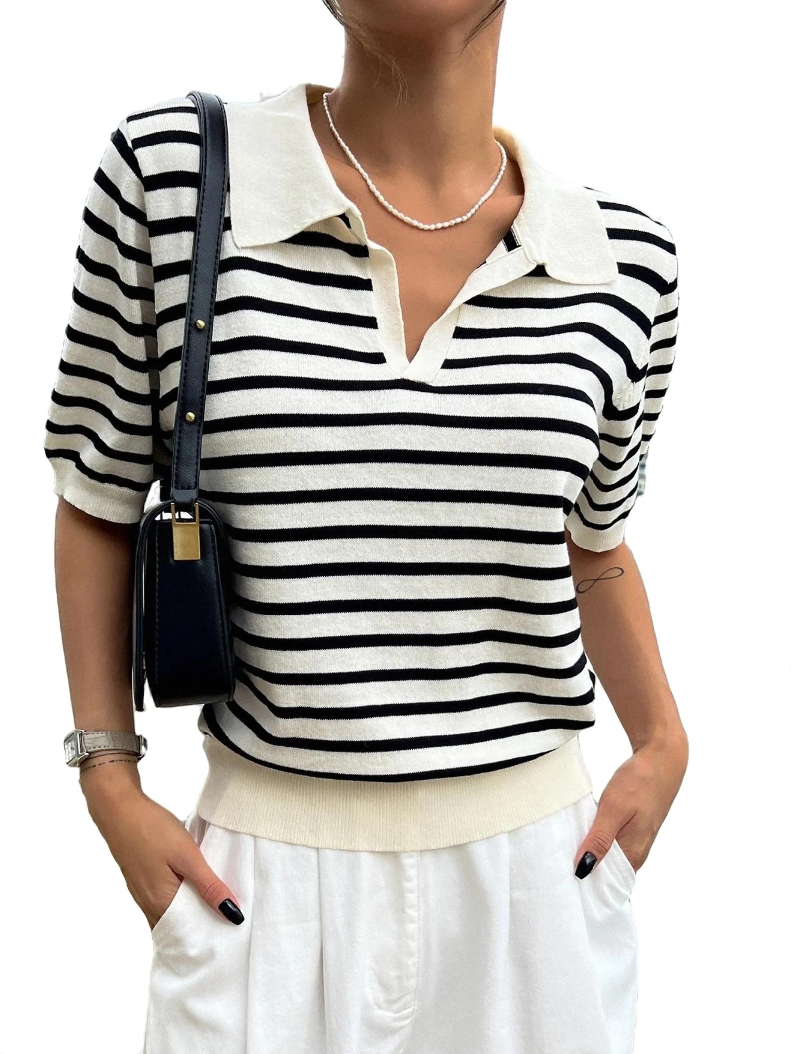 Casual Striped Collar Elbow-Length Black and White Women Knit Tops (Women's) | Walmart (US)