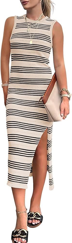 BTFBM Womens Midi Bodycon Dresses Resort Wear Sleeveless Crew Neck Casual Sundresses Striped Part... | Amazon (US)