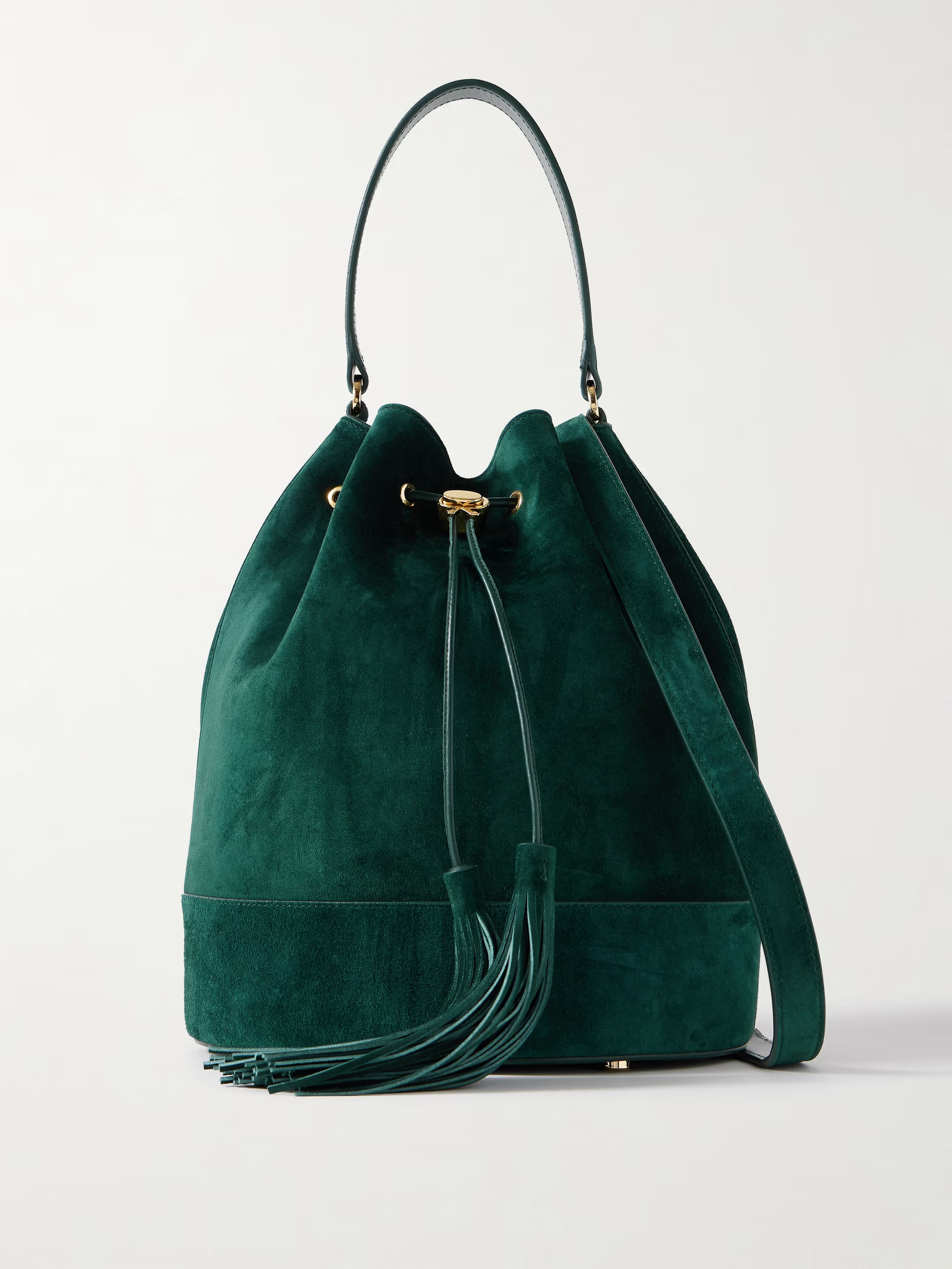Sienna tasseled leather-trimmed suede bucket bag - emerald - One Size | NET-A-PORTER (US)