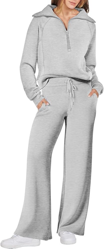 ANRABESS Women 2 Piece Outfits Sweatsuit Set 2023 Fall Oversized Half Zip Sweatshirt Wide Leg Swe... | Amazon (US)