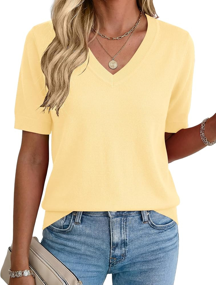 Rapbin Womens Short Sleeve Sweater Summer V Neck Tops Casual Knit Shirts Lightweight Pullover Top | Amazon (US)