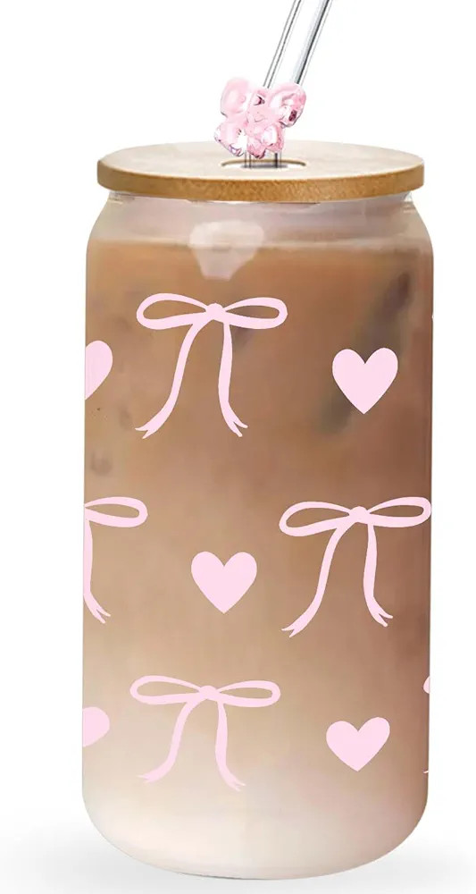 Coquette Bow Aesthetic Glass Cups with Lids and Bow Straws - Cute Pink Bow Cup - Bow Tumbler Gift... | Amazon (US)