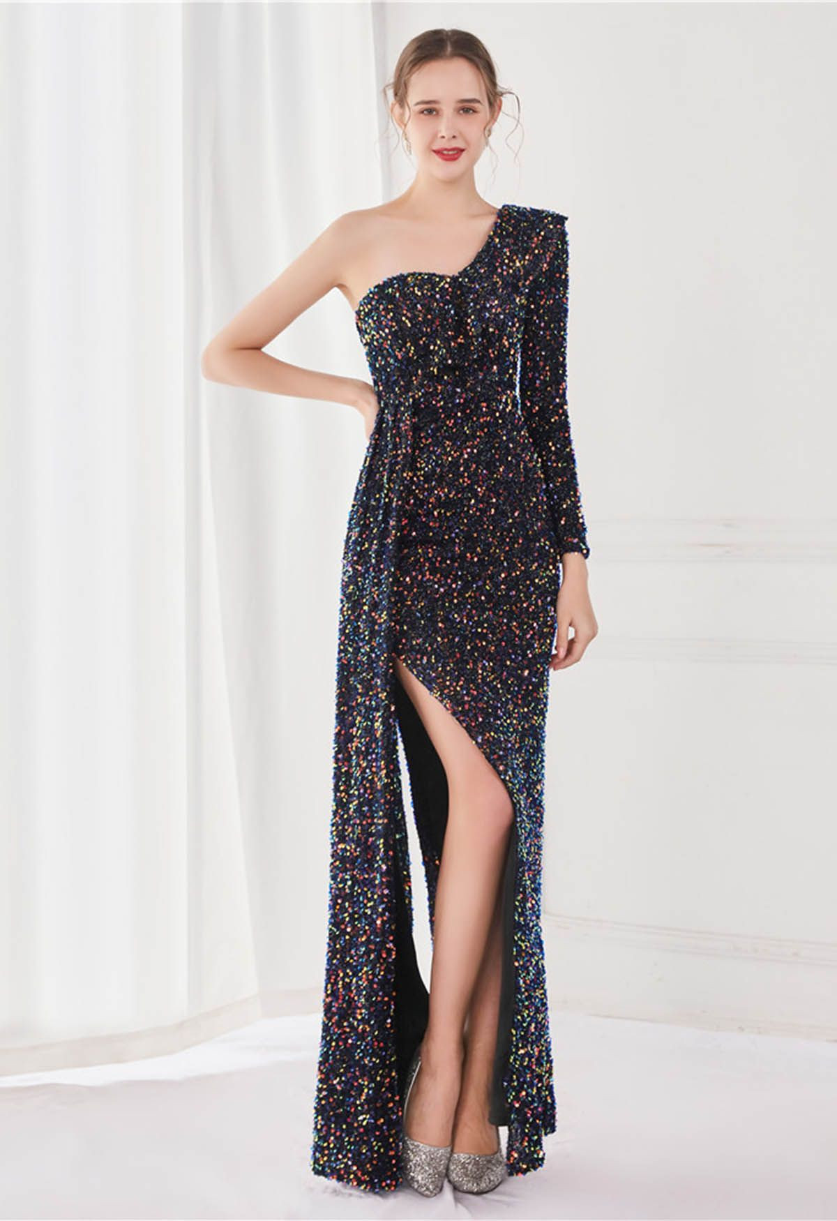 One-Shoulder Sequined Ruffle Slit Maxi Gown in Black | Chicwish