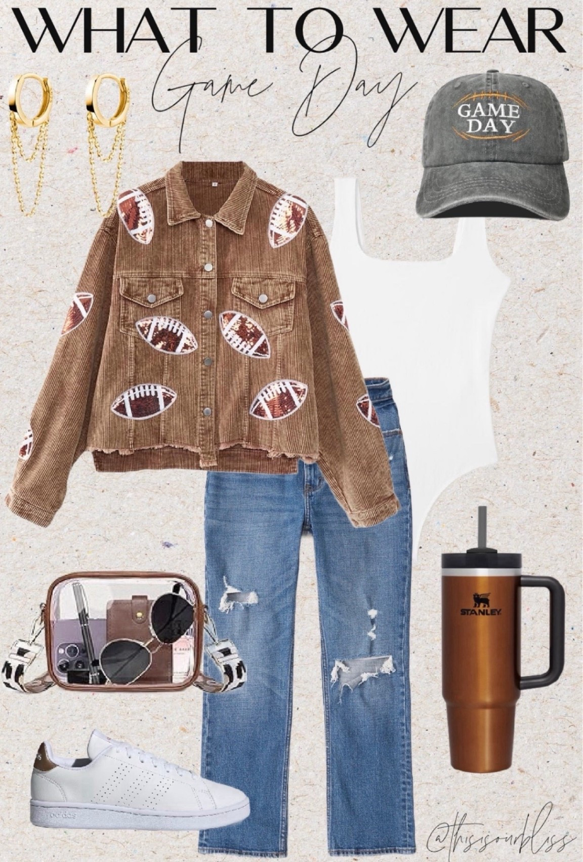 Football game day ready! 🏈Fall football game day outfit idea! Game day style for fall football 🏈

Sequin Football corduroy jacket 
Jeans
Stadium purse 
Sneakers 
White bodysuit 

Amazon, Amazon fashion, crop jacket, Abercrombie, Stanley, affordable style, fall outfit idea, sports outfit idea, football mom style 

#LTKOver40 #LTKStyleTip #LTKFindsUnder50