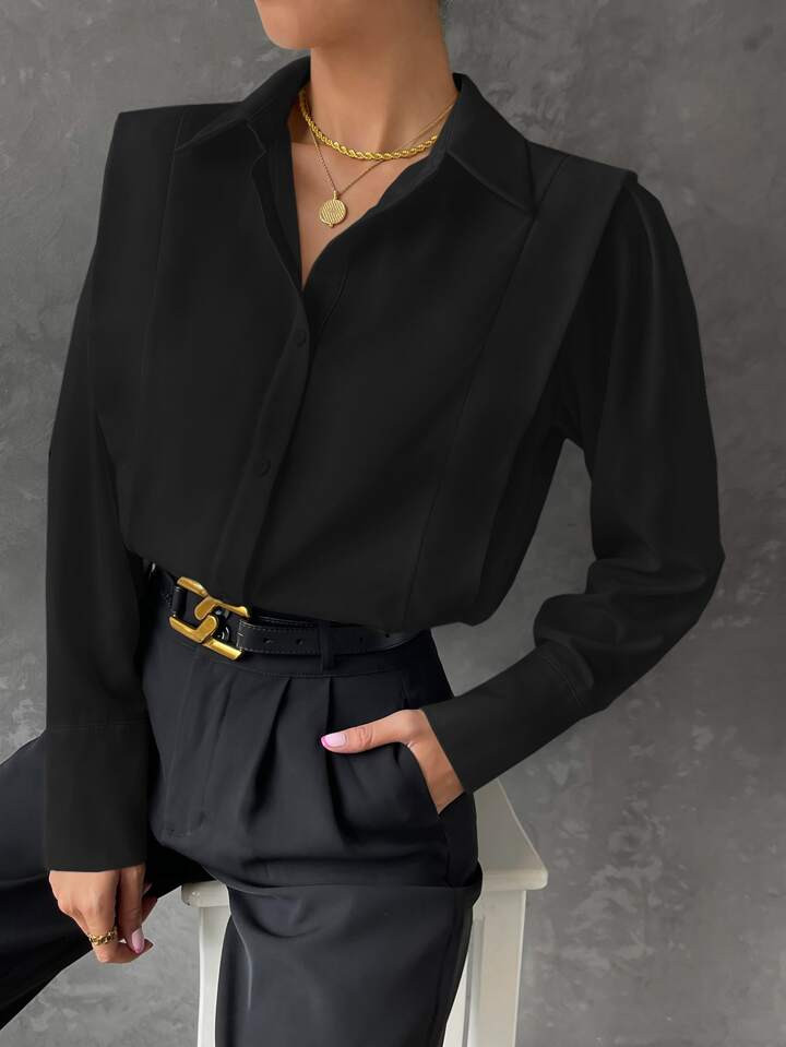 SHEIN BIZwear Solid Button Front Curved Hem Shirt Workwear | SHEIN