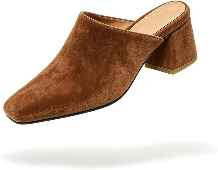 Women Chunky Heel Mules Pumps Closed Square Toe Sandal Mules Slip On Backless Pumps Comfort Mules... | Amazon (US)