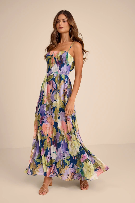 Holloway Dark Blue Multi Floral Pleated Maxi Dress | Lulus