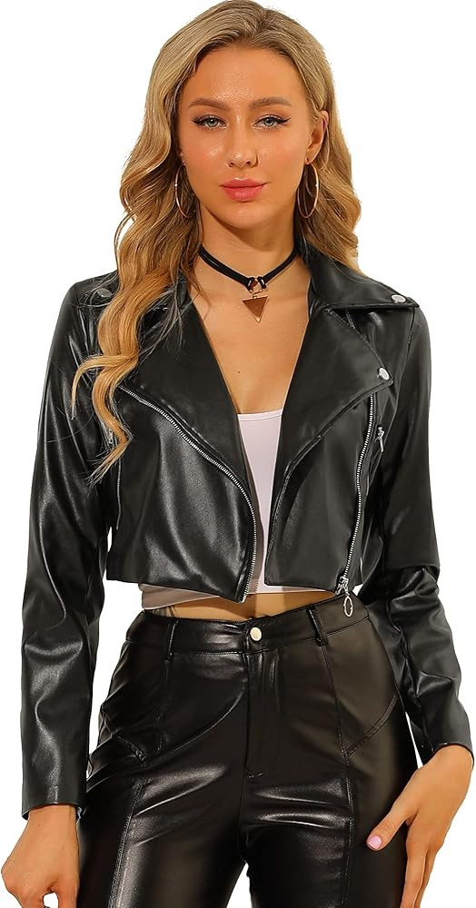 Allegra K Women's Faux Leather Long Sleeve Zipper Up Moto Cropped Jacket | Amazon (US)