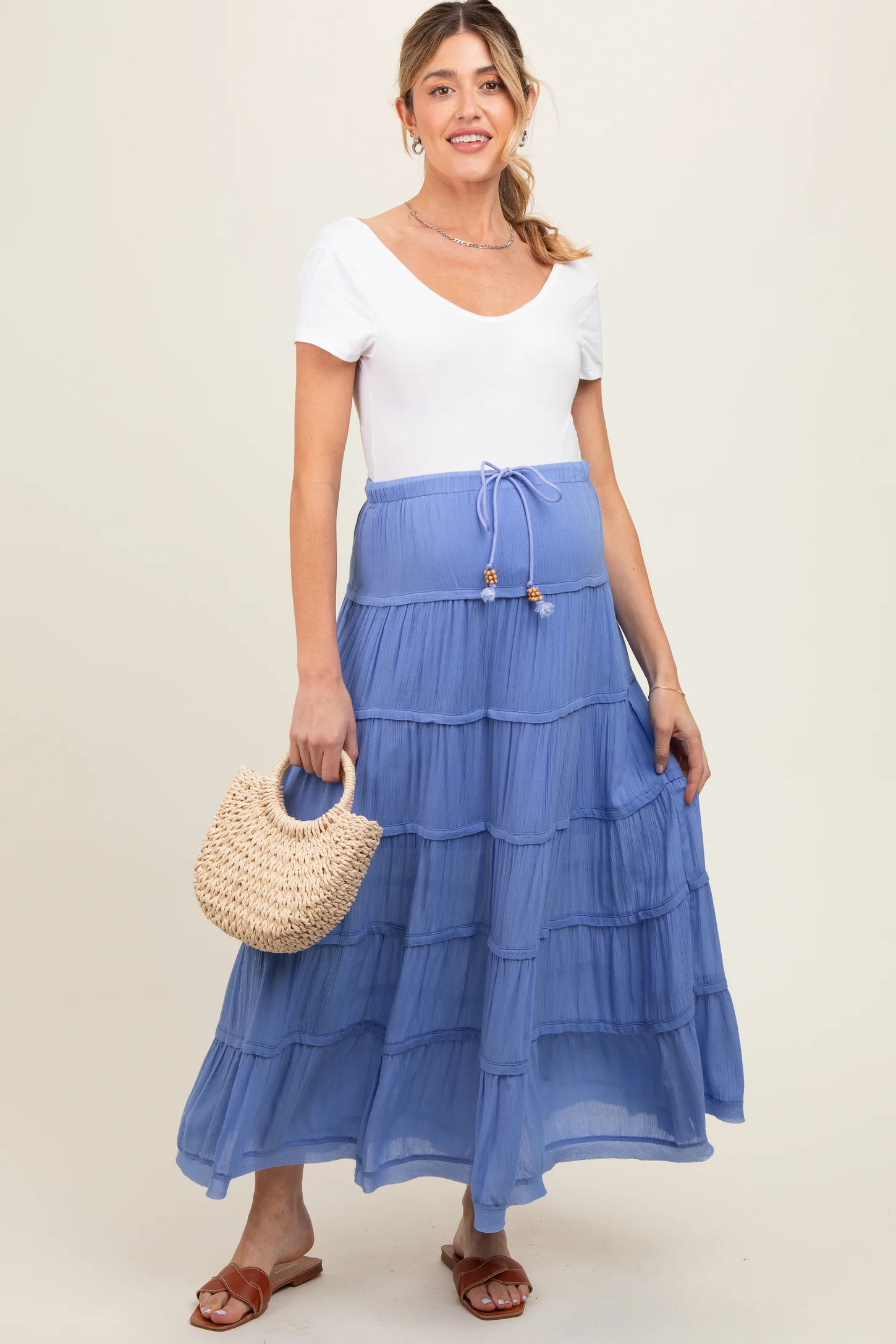 Periwinkle Drawstring Tiered Maternity Maxi Skirt | PinkBlush Maternity