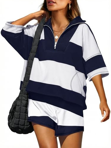 Amazon.com: ANRABESS Striped Short Sets for Women 2 Piece Outfits Summer Casual Oversized Workout... | Amazon (US)
